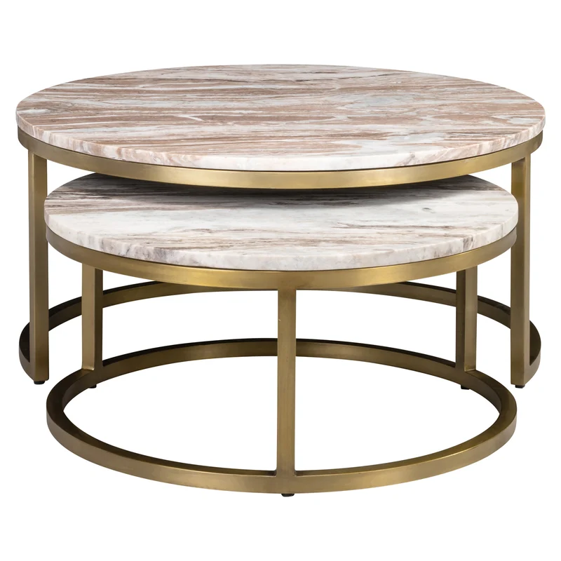 Couchtisch beige rund Gold, 2er Set runder Couchtisch Marmor beige, Durchmesser 85 cm