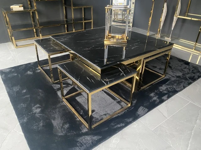 Couchtisch schwarz, Couchtisch Gestell Gold, Couchtisch schwarz, Maße 100x100 cm