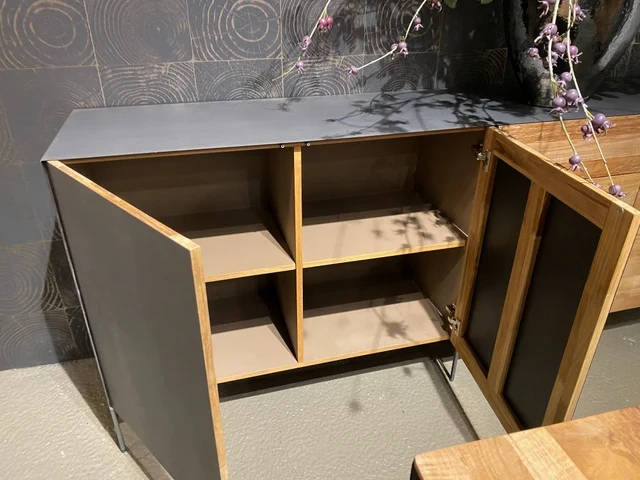 Sideboard Metall Holz, Anrichte Holz, Kommode mit drei Schubladen Teak-Holz, Breite 220 cm