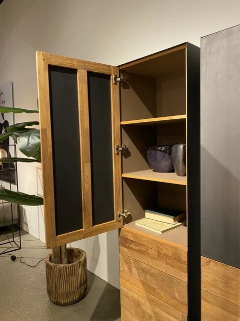 Schrank links Metall Holz, Bücherschrank Holz, Schrank mit drei Schubladen, Breite 55 cm