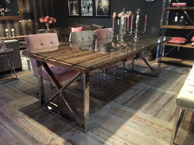 Esstisch Tischplatte aus Altholz mit Glasplatte, Tisch Massivholz im Landhausstil, Länge 180 cm