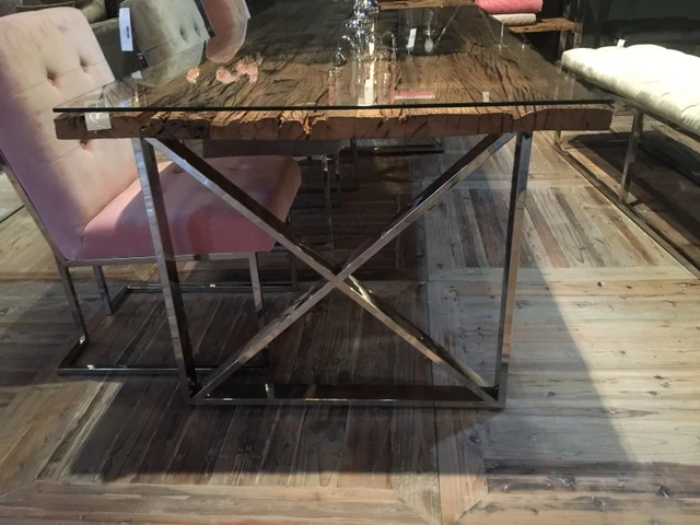 Esstisch Tischplatte aus Altholz mit Glasplatte, Tisch Massivholz im Landhausstil, Länge 180 cm