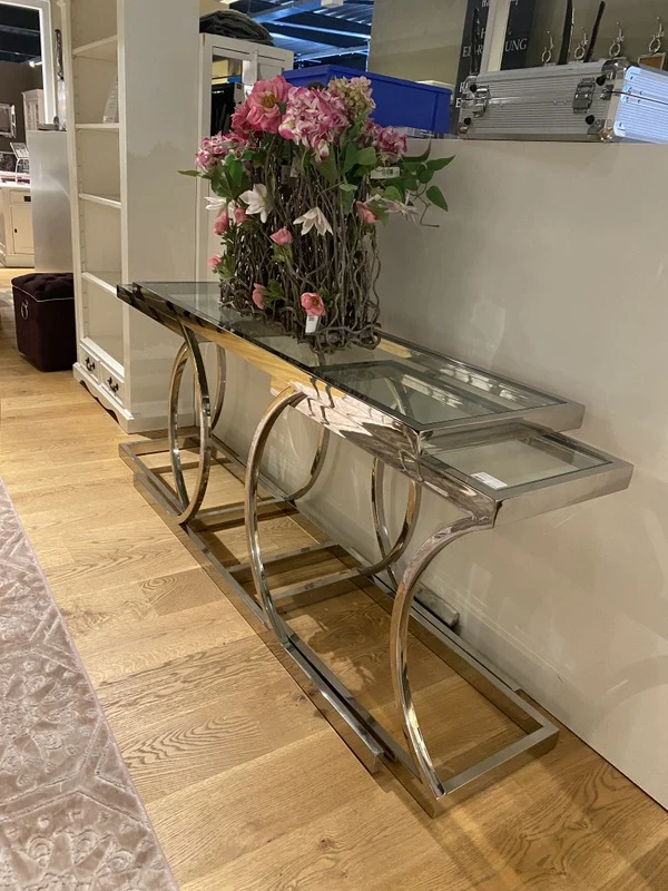 Konsole Silber, Wandtisch verchromt, Glas-Konsole Silber, Breite 150 cm