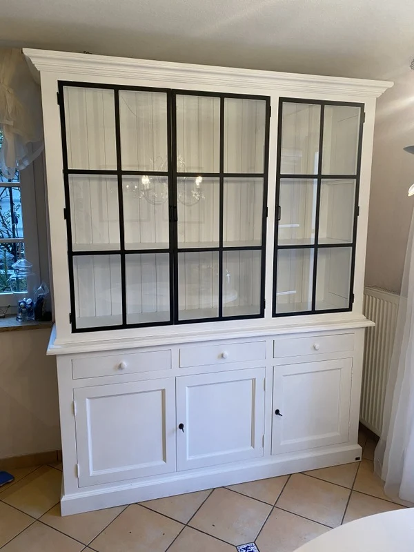 Buffetschrank weiß Landhaus, Vitrine weiß, Geschirrschrank weiß Massivholz, Küchenschrank weiß Landhaus, Breite 185 cm