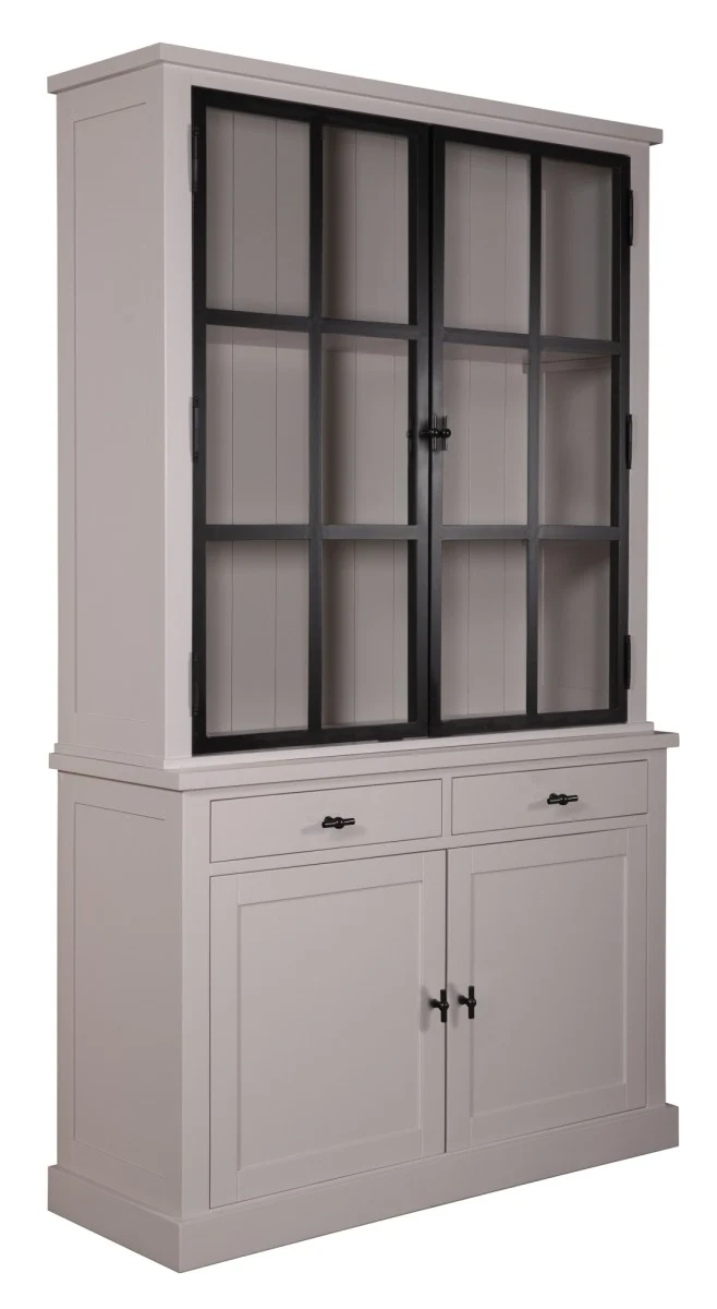Vitrine grau, Vitrinenschrank grau, Geschirrschrank grau Landhaus, Wohnzimmerschrank grau Landhausstil, Breite 130 cm