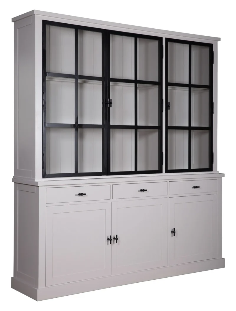 Vitrine grau, Geschirrschrank grau Landhaus, Wohnzimmerschrank grau Landhausstil, Breite 200 cm