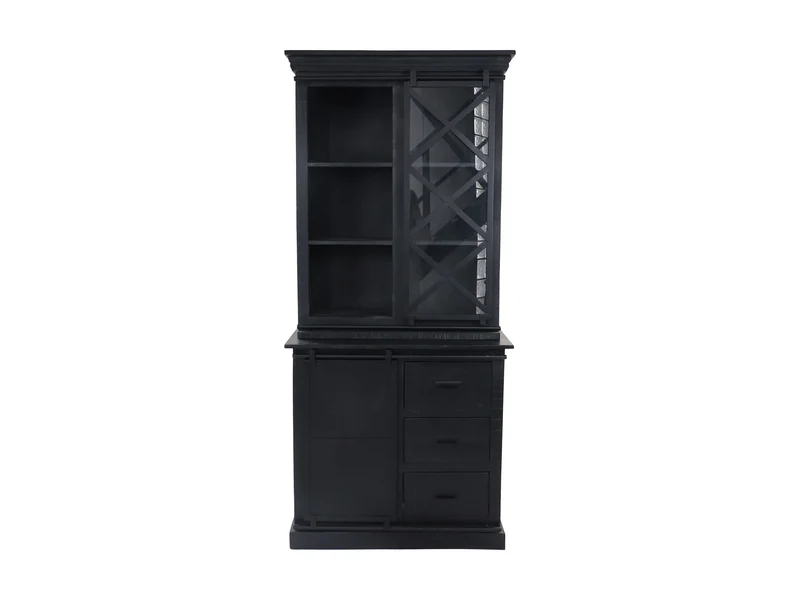Vitrinenschrank schwarz, Vitrine schwarz, Geschirrschrank Landhaus, Breite 95 cm