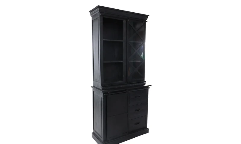 Vitrinenschrank schwarz, Vitrine schwarz, Geschirrschrank Landhaus, Breite 95 cm