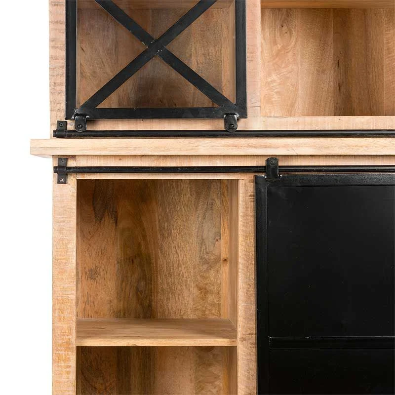 Wohnzimmerschrank Holz Metall, Geschirrschrank Massivholz, Küchenschrank Holz Metall, Breite 95 cm