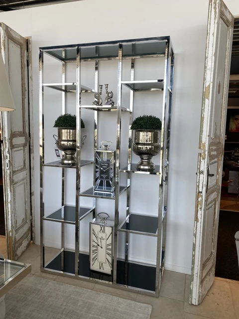 Regal Silber, Bücherregal Silber, Glas-Regal Metall Gestell Silber, Metallregal Silber, Breite 120 cm