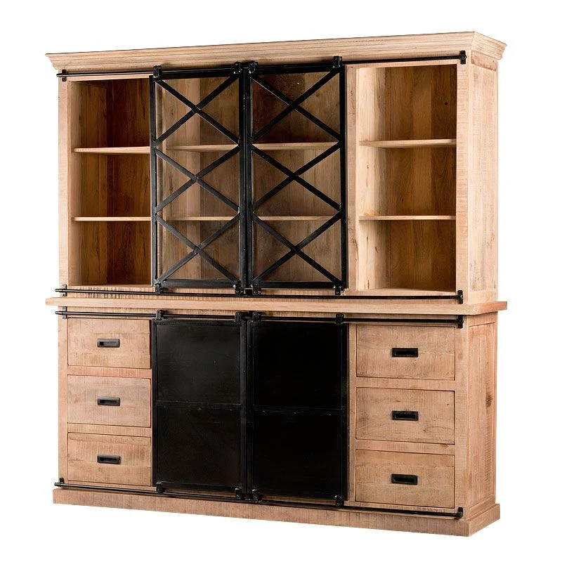 Geschirrschrank Massivholz, Wohnzimmerschrank Holz Metall, Küchenschrank Holz Metall, Breite 200 cm