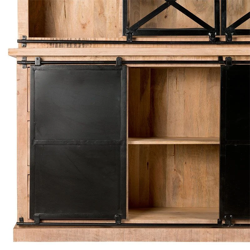 Geschirrschrank Massivholz, Wohnzimmerschrank Holz Metall, Küchenschrank Holz Metall, Breite 200 cm