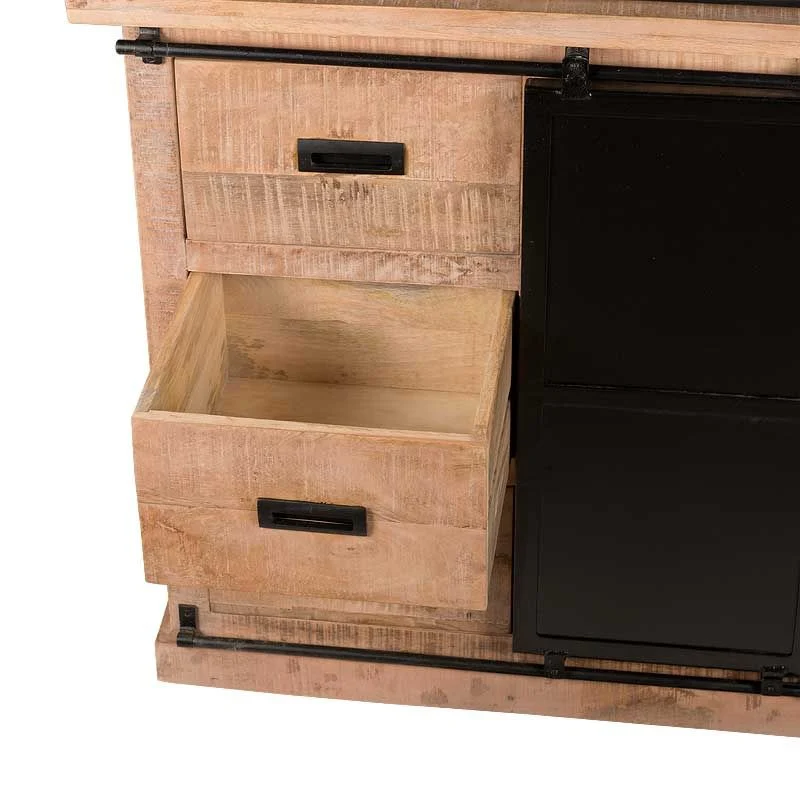 Geschirrschrank Massivholz, Wohnzimmerschrank Holz Metall, Küchenschrank Holz Metall, Breite 200 cm