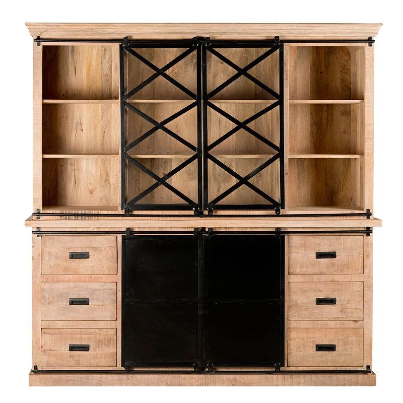 Geschirrschrank Massivholz, Wohnzimmerschrank Holz Metall, Küchenschrank Holz Metall, Breite 160 cm