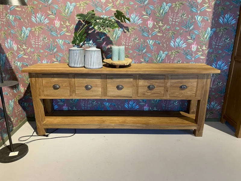 Konsole Teakholz, Anrichte Massivholz, Wandtisch Holz, Breite 200 cm