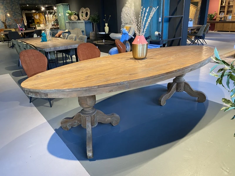 Tisch oval Teak-Tischplatte, ovaler Esstisch Metall-Gestell, Esstisch Teak, Breite 240 cm