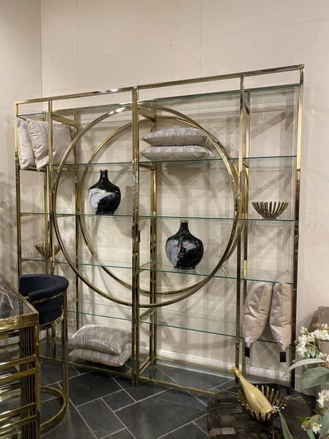 Regal Gold, Glasregal Metall, Regal Metall Glasplatte, Bücherregal Gold, Breite 120 cm (Ausverkauft)