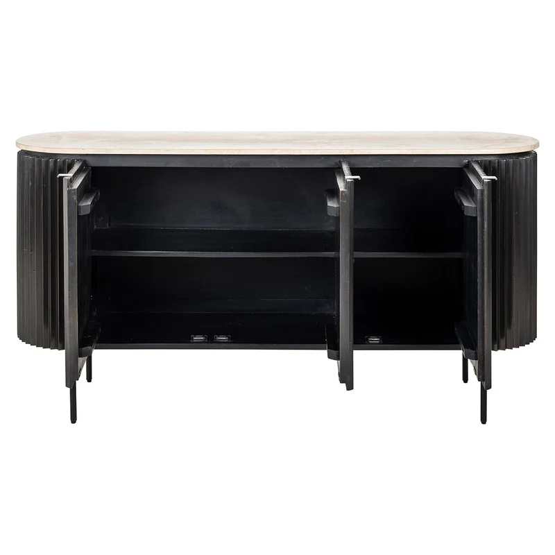 Sideboard Stein Travertin schwarz, Anrichte schwarz Eiche furniert, Breite 160 cm