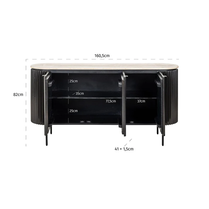 Sideboard Stein Travertin schwarz, Anrichte schwarz Eiche furniert, Breite 160 cm