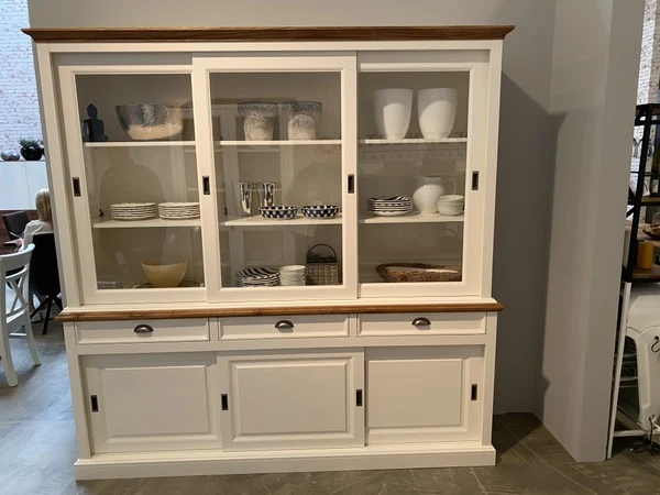 Vitrine weiß Landhaus, Geschirrschrank weiß Landhausstil, Breite 215 cm
