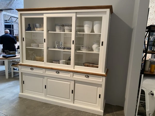 Vitrine weiß Landhaus, Geschirrschrank weiß Landhausstil, Breite 215 cm