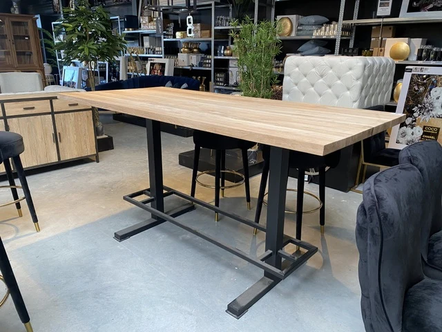Bartisch Eiche massiv, Bartisch Metallgestell schwarz, Breite 220 cm