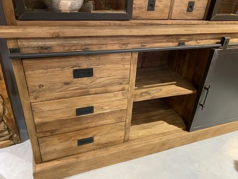Vitrine Landhaus, Buffetschrank Teakholz, Geschirrschrank Teak, Schrank Massivholz Teak, Breite 180 cm