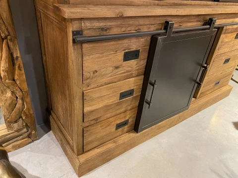 Vitrine Landhaus, Buffetschrank Teakholz, Geschirrschrank Teak, Schrank Massivholz Teak, Breite 180 cm