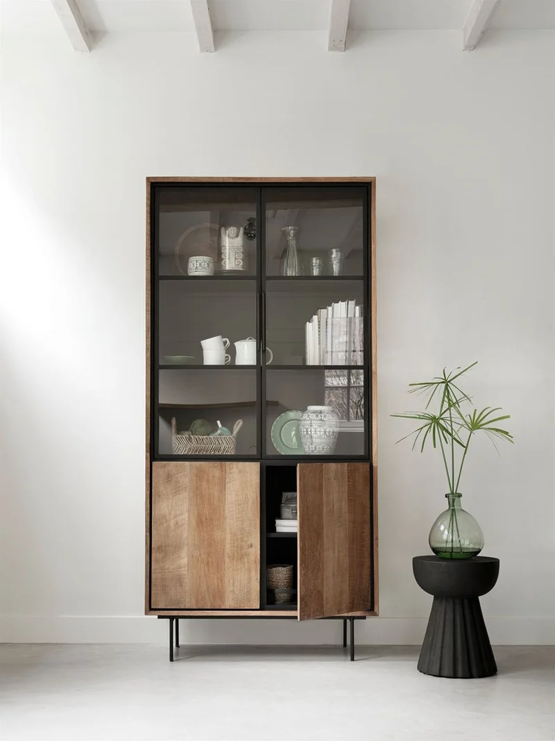 Vitrine Massivholz, Vitrinenschrank Metall-Türen, Geschirrschrank Metall Holz, Breite 100 cm