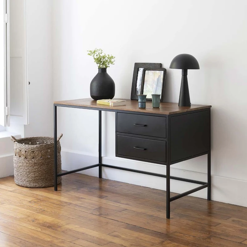 Schreibtisch schwarz mit Holzplatte, Schreibtisch Metall schwarz-Naturholz, Schreibtisch mit Schubladen schwarz Metall-Holz, Breite 121 cm