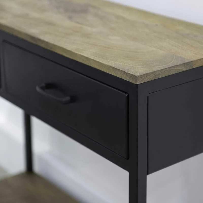 Schreibtisch schwarz mit Holzplatte, Schreibtisch Metall schwarz-Naturholz, Schreibtisch mit Schubladen schwarz Metall-Holz, Breite 121 cm