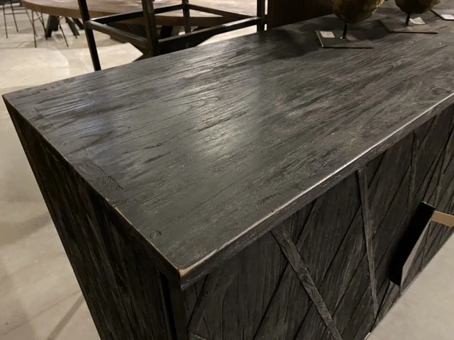 Sideboard Teakholz handgeschnitzt Unikat, Anrichte schwarz Massivholz, Breite 220 cm