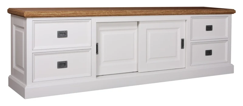 TV Schrank weiß mit Eiche-Platte, Fernseheschrank weiß Landhaus, TV Board weiß, Breite 200 cm