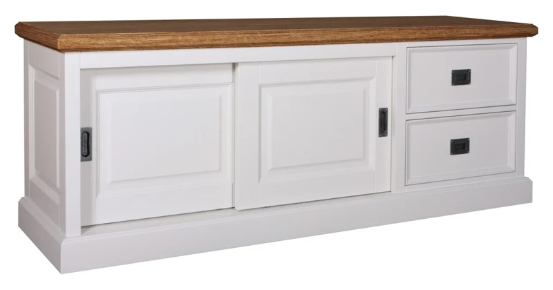 TV Schrank weiß mit Eiche-Platte, Fernseheschrank weiß Landhaus, TV Board weiß, Breite 160 cm