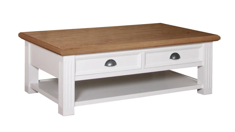 Couchtisch zwei Schubladen, Couchtisch weiß Landhaus, Tisch weiß, Breite 130 cm