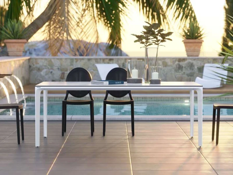 Outdoor Esstisch Farbe Eiche, Gartentisch weiß-Eiche Marmoroptik, Keramik Gartentisch weiß, Maße 220 cm