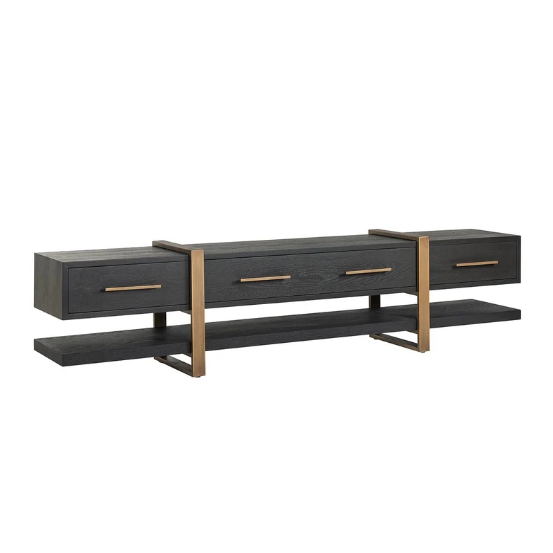 TV Schrank schwarz-Gold, Fernsehschrank schwarz mit drei Schubladen, Breite 240 cm