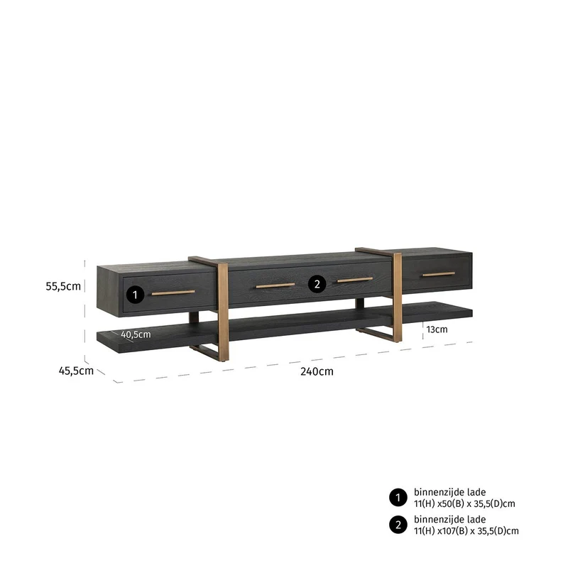TV Schrank schwarz-Gold, Fernsehschrank schwarz mit drei Schubladen, Breite 240 cm