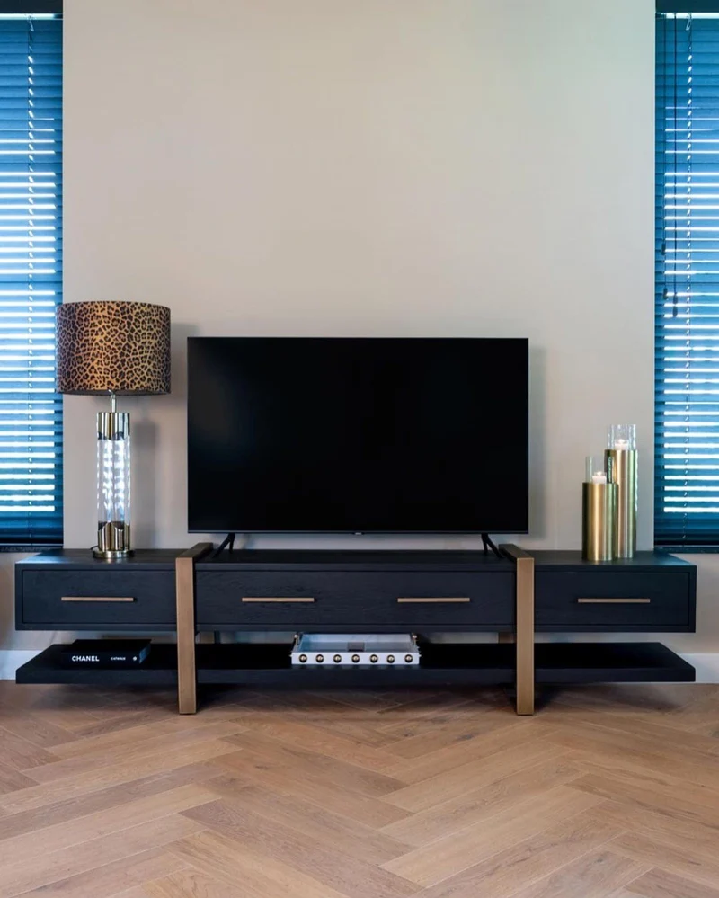 TV Schrank schwarz-Gold, Fernsehschrank schwarz mit drei Schubladen, Breite 240 cm