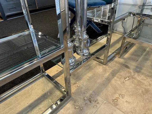 Bücherregal Silber, Metall Regal Silber, Regal Glas-Metall Silber, Glasregal verchromt, Breite 220 cm