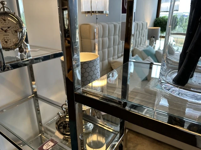Bücherregal Silber, Metall Regal Silber, Regal Glas-Metall Silber, Glasregal verchromt, Breite 220 cm
