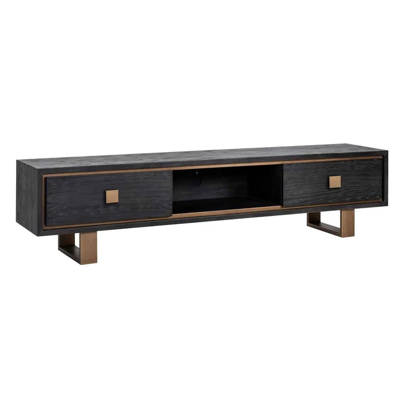 TV Schrank schwarz-Bronze, Fernsehschrank schwarz mit zwei Schubladen, Fernsehkommode schwarz, Breite 190 cm
