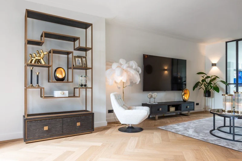 TV Schrank schwarz-Bronze, Fernsehschrank schwarz mit zwei Schubladen, Fernsehkommode schwarz, Breite 190 cm