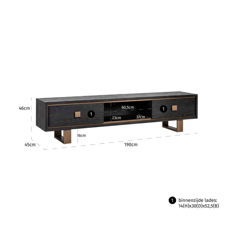 TV Schrank schwarz-Bronze, Fernsehschrank schwarz mit zwei Schubladen, Fernsehkommode schwarz, Breite 190 cm