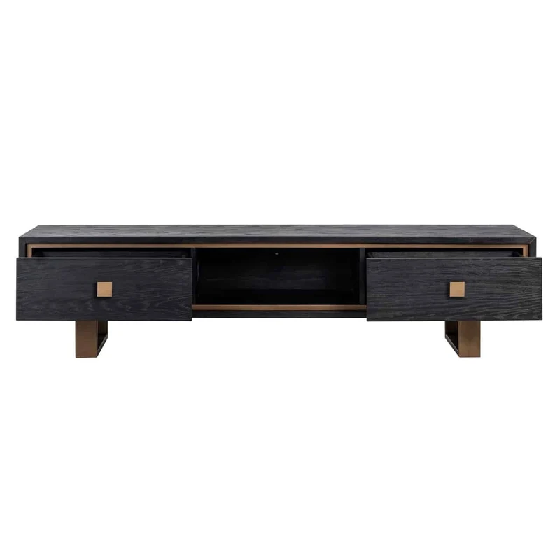 TV Schrank schwarz-Bronze, Fernsehschrank schwarz mit zwei Schubladen, Fernsehkommode schwarz, Breite 190 cm