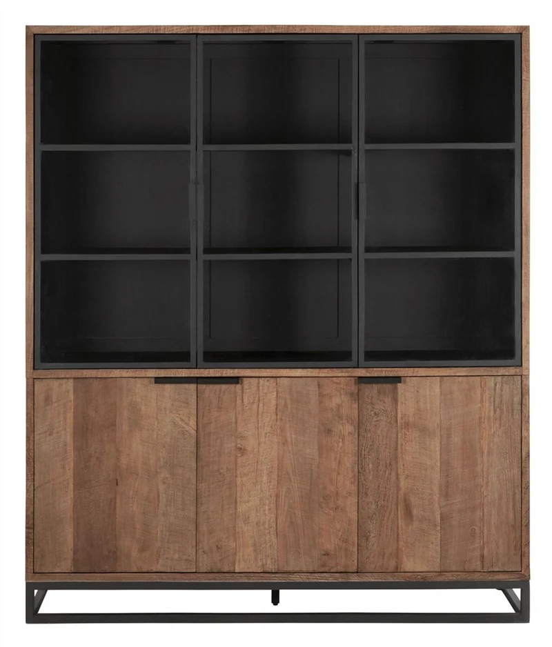 Vitrine schwarz-Naturholz, Geschirrschrank schwarz, Schrank schwarz, Breite 180 cm