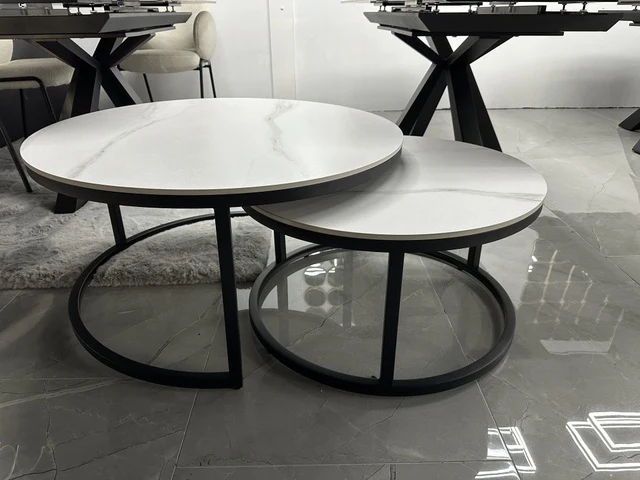 2er Set Couchtisch rund Keramik Tischplatte, runder Couchtisch weiß, Durchmesser 90 cm
