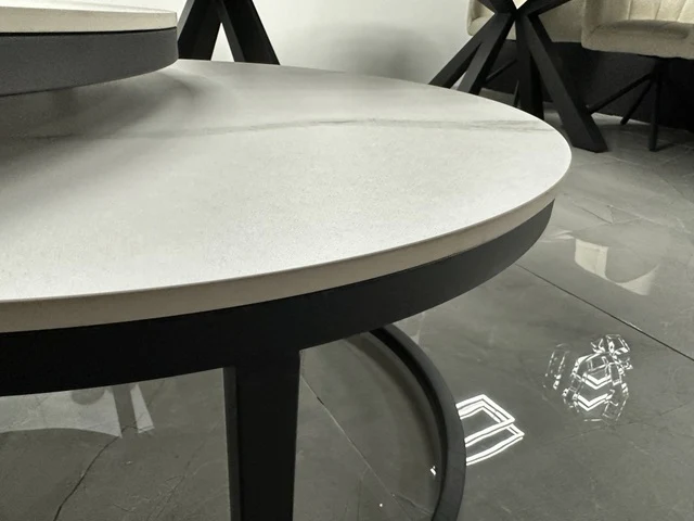 2er Set Couchtisch rund Keramik Tischplatte, runder Couchtisch weiß, Durchmesser 90 cm