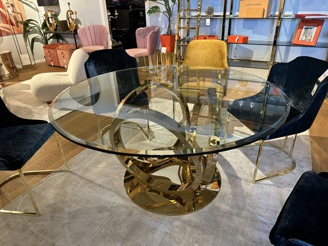 Glastisch Gold rund, Esstisch rund Glas Tischplatte, runder Glastisch, Durchmesser 150 cm