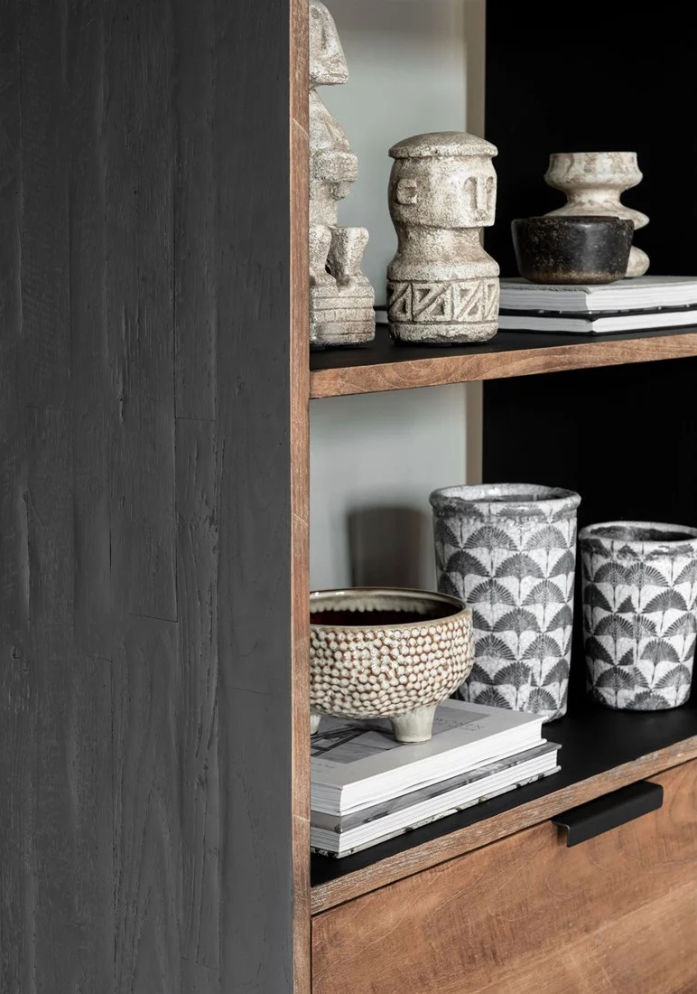 Bücherregal schwarz-Naturholz, Schrank-Regal schwarz, Schrank mit zwei Türen schwarz, Breite 80 cm